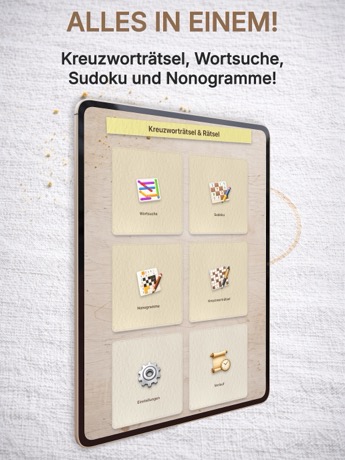 Crosswords & Puzzles App Store menu screenshot in German on an iPad mockup