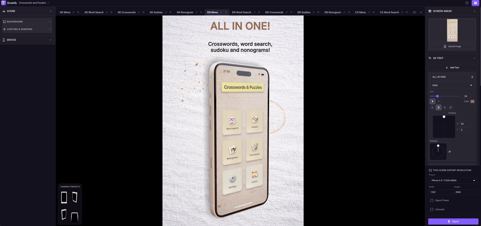 Ecranify editor showing scene tabs for the same screenshot design duplicated across Slovak, English and Czech