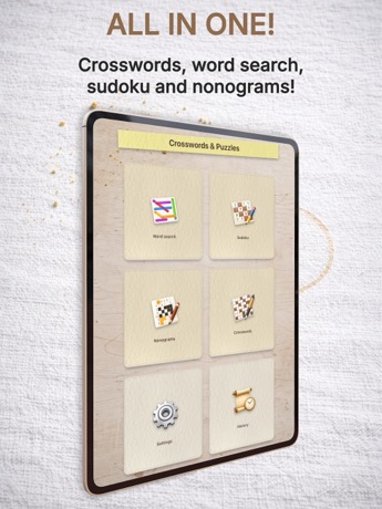 Crosswords & Puzzles App Store menu screenshot in English on an iPad mockup