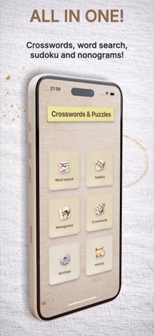 Crosswords & Puzzles App Store menu screenshot in English on an iPhone mockup