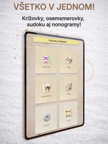 Crosswords & Puzzles App Store menu screenshot in Slovak on an iPad mockup