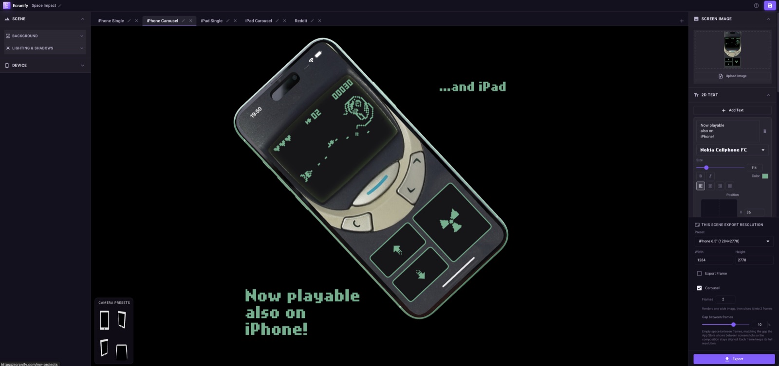 Ecranify editor showing Space Impact Watch scenes for iPhone single, iPhone carousel, iPad single and iPad carousel